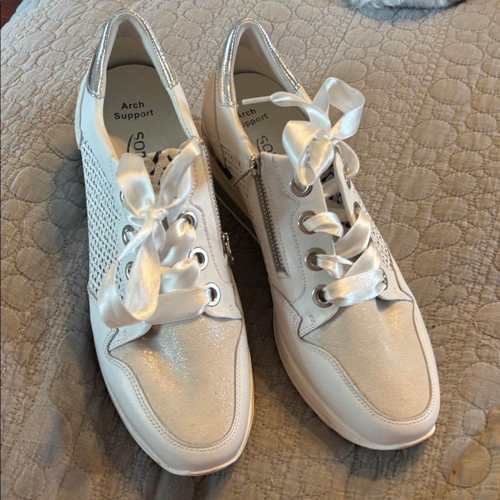 White and Silver Lace-Up Sneakers